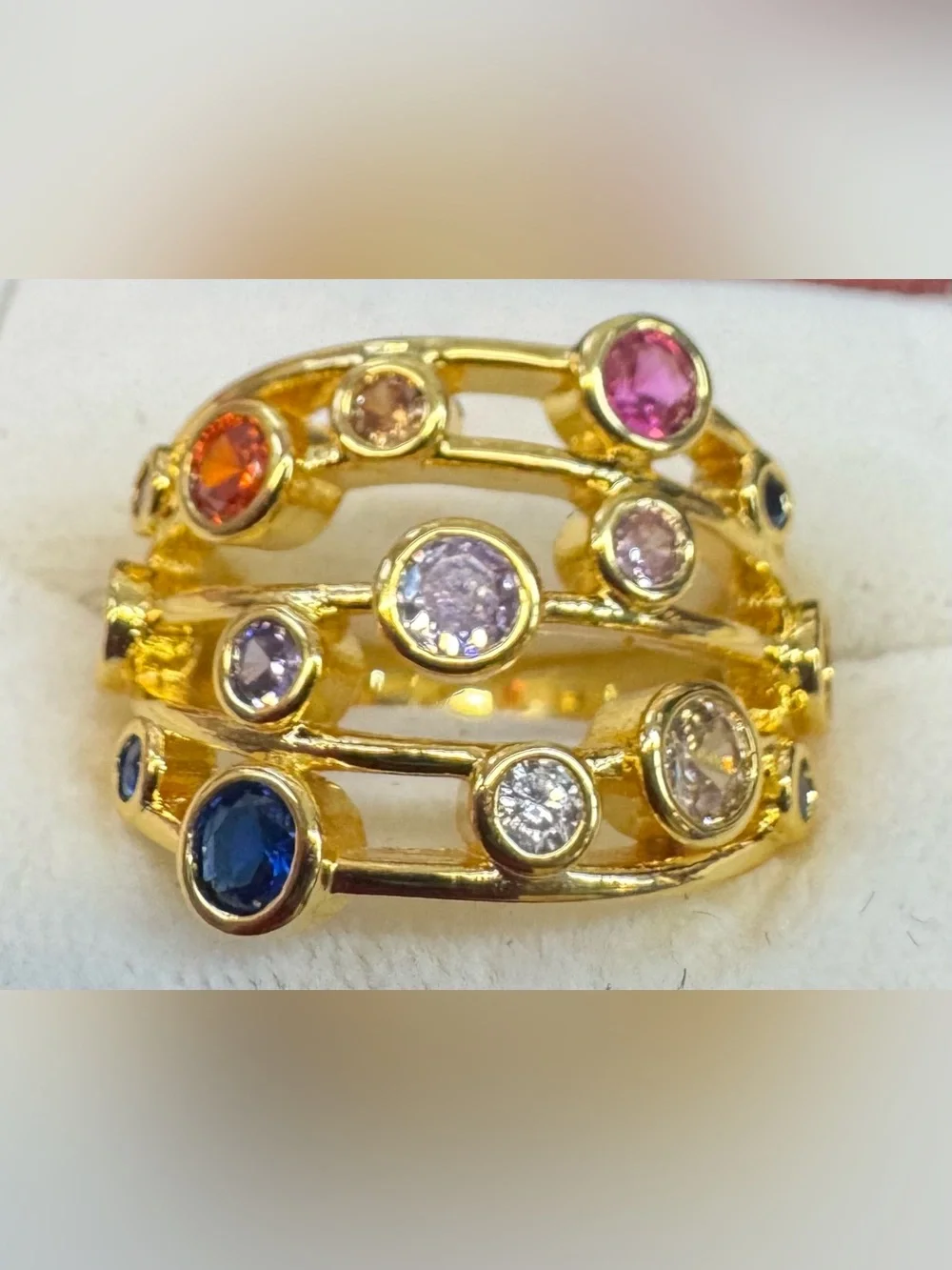 Gold Plated Multi-Row Ring with Blue, Pink, Purple, Orange & Clear Stones